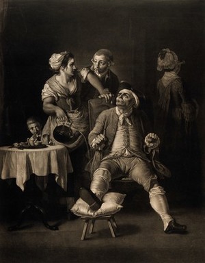 view A man with his gouty leg on a stool, a maid accidently pours boiling water over him and a small boy is stealing from his wallet, perhaps further punishment for his overindulgence. Mezzotint by V. Green, 1775, after E. Penny.