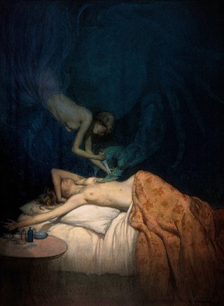 A giant claw pierces the breast of a sleeping naked woman, another naked woman swoops down and stabs the claw with a knife; representing the surgical treatment of breast cancer. Watercolour by R. Cooper.