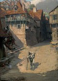 view People scrambling to get away from a person with leprosy. Watercolour by R. Cooper.