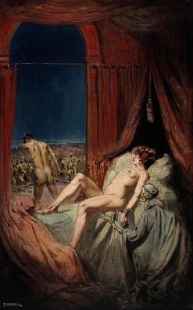 A provocative naked young woman lying on a bed, death (a cloaked skeleton) sits at her side, a naked man walks away from the bed with his head bowed, towards a throng of diseased and dying people; representing syphilis. Watercolour by R. Cooper.