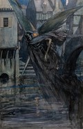view The angel of death (a winged skeletal creature) drops some deadly substances into a river near a town; representing typhoid. Watercolour, 1912, after R. Cooper.