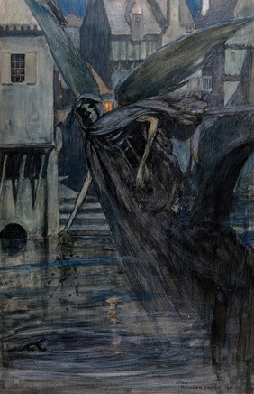 The angel of death (a winged skeletal creature) drops some deadly substances into a river near a town; representing typhoid. Watercolour, 1912, after R. Cooper.