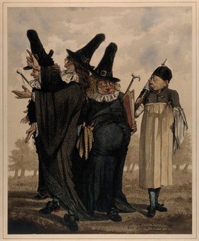 Three 17th-century physicians with an assistant who carries a large clyster. Watercolour by E. Durandeau, 1876.