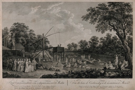 Groups of people swimming and sunbathing at Cerebrensky public baths, near Moscow, Russia. Etching by M.G. Eichler, 1799, after G. de la Barthe, 179.