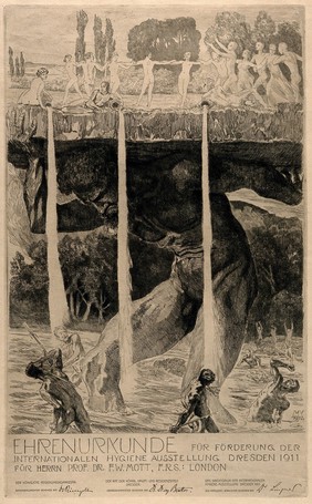 A giant holding up a boulder with a landscape on which eleven human figures are dancing and three are sitting with vessels out of which streams of water flow, while around the giant's legs are attacking male figures armed with spears. Etching by M. Klinger, 1912.