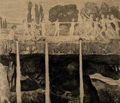 A giant holding up a boulder with a landscape on which eleven human figures are dancing and three are sitting with vessels out of which streams of water flow, while around the giant's legs are attacking male figures armed with spears. Etching by M. Klinger, 1912.