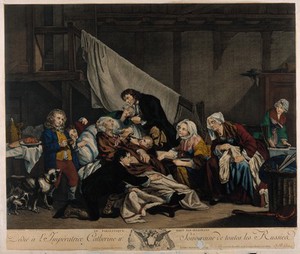 view A paralysed old man being comforted and nursed by his children. Coloured line engraving by J.J. Flipart, 1767, after J.-B. Greuze.