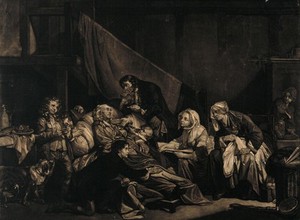 view A paralysed old man being comforted and nursed by his children. Mezzotint by S. De Wilde after J.J. Flipart after J.B. Greuze.