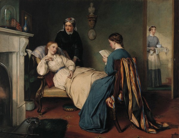A girl reads to a convalescent while a nurse brings in the patient's medicine. Watercolour by R.H. Giles.