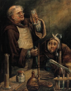 view Two monks in a laboratory trying to find a remedy for one monk's toothache. Watercolour by J. Gregory, 1896.