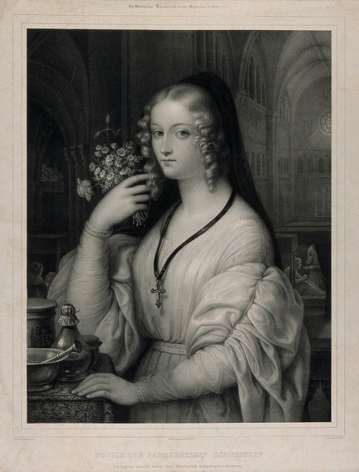 Portrait of a nursing nun in the apothecary: with the hospital in the background. Lithograph by A.L. Noël, 1838, after F.J.J. Goetzenberger.