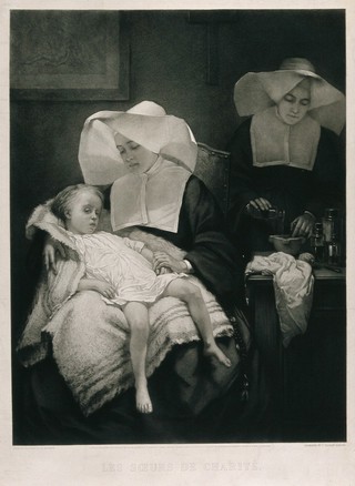 Two nuns in a pharmacy, one holds a sick child on her lap: Sisters of Charity Order. Mezzotint by T. Oldham Barlow, 1862, after H. Browne.