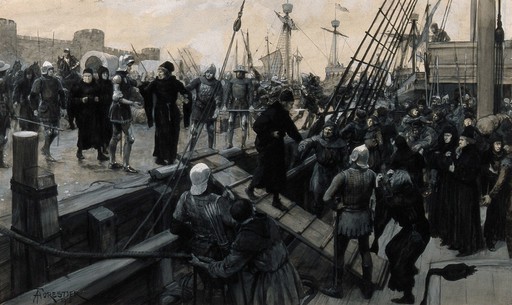 Hundred Years' War: surgeons and craftsmen of surgical instruments being forced to go with the English army as part of the 1415 invasion of France. Gouache painting by A. Forestier, 1913.
