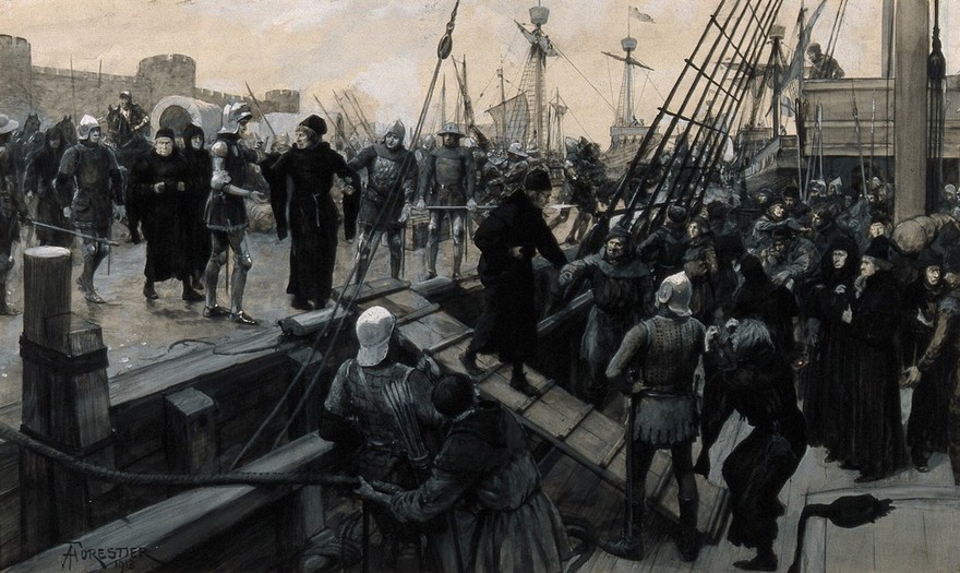 Hundred Years' War: surgeons and craftsmen of surgical instruments being forced to go with the English army as part of the 1415 invasion of France. Gouache painting by A. Forestier, 1913.