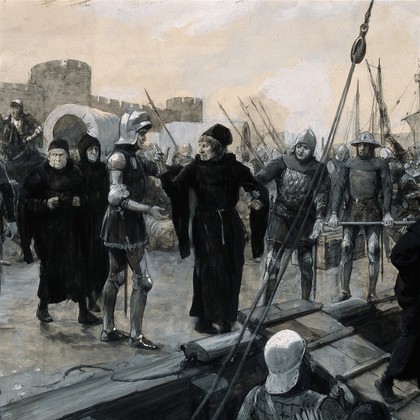 Hundred Years' War: surgeons and craftsmen of surgical instruments being forced to go with the English army as part of the 1415 invasion of France. Gouache painting by A. Forestier, 1913.