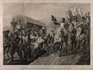 view Napoléon Bonaparte saluting wounded enemy soldiers. Aquatint by Gordien, 1828, after J.B. Debret.