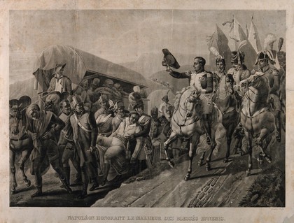 Napoléon Bonaparte saluting wounded enemy soldiers. Aquatint by Gordien, 1828, after J.B. Debret.