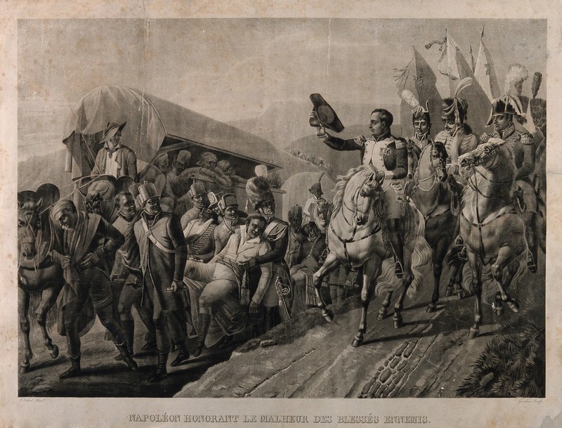 Napoléon Bonaparte saluting wounded enemy soldiers. Aquatint by Gordien, 1828, after J.B. Debret., 1828, by Jean-Baptiste Debret