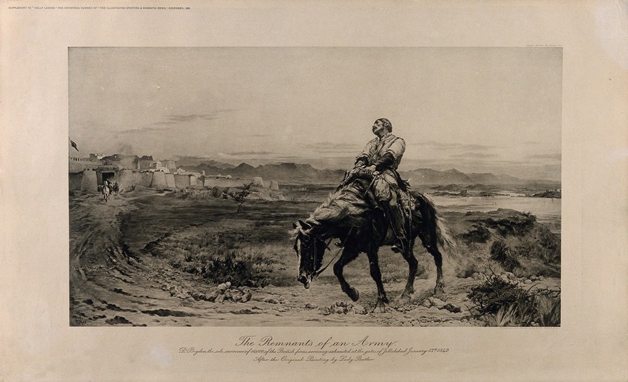 Surgeon Brydon, the sole survivor of 16,000 British troops, arriving exhausted at Jalalabad in 1842. Photogravure, 1908, after a painting by Lady Butler, 1879.