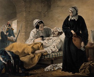 view Crimean War: women nurses tending wounded soldiers as "woman's mission". Coloured lithograph by J.A. Vinter, 1854, after H. Barraud.