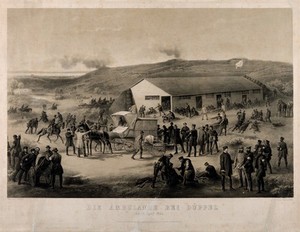 view Schleswig-Holstein War: an ambulance arriving at a battlefield in Düppel 18 April 1864. Lithograph by W. Funke, 1864.