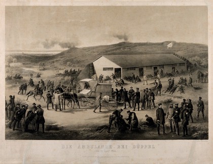 Schleswig-Holstein War: an ambulance arriving at a battlefield in Düppel 18 April 1864. Lithograph by W. Funke, 1864.