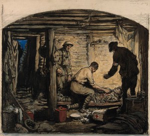 view World War One: a physician tending a soldier in a room in the trenches. Coloured charcoal drawing.