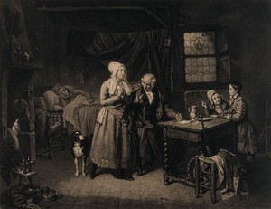 view A country doctor comforting the mother of a sick child, who is in bed in the background. Mezzotint by J.A. Allais after P. Duval-Lecamus.