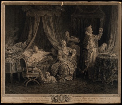 A physician examining a urine flask of a scantily dressed attractive woman who is in bed surrounded by her mother, lover and servant. Engraving by A.F. David after J.B. Leprince.
