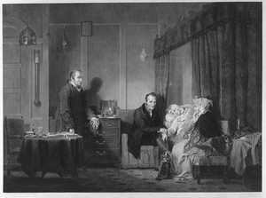 view A bedridden sick young woman being examined by a doctor, accompanied by her anxious parents. Engraving by F. Engleheart, 1838, after Sir D. Wilkie.