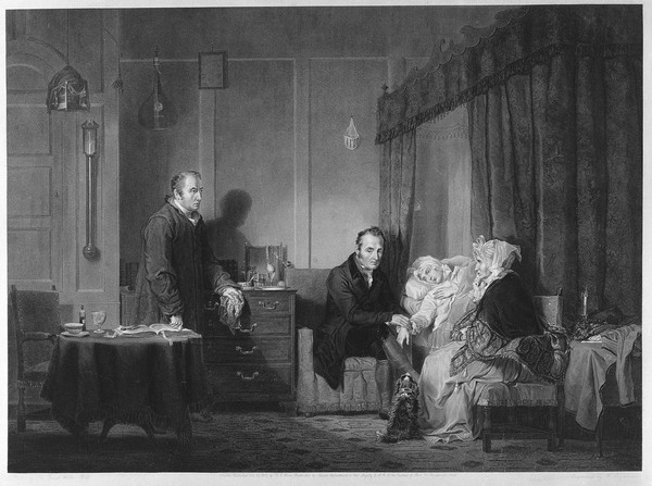 A bedridden sick young woman being examined by a doctor, accompanied by her anxious parents. Engraving by F. Engleheart, 1838, after Sir D. Wilkie.