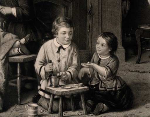 Children playing at being doctors and pharmacists, mother