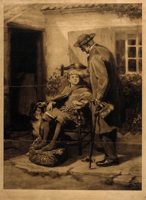 view A doctor placing his hand on the head of a sick boy, outside a country cottage. Photogravure after R. Hedley, 1898.