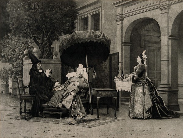 A physician reeling with surprise at an obese elderly man's pulse, the patient is grinning at a woman who approaches him with a tray full of food and wine. Photogravure after J.G. Vibert.