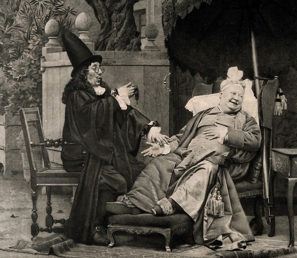 A physician reeling with surprise at an obese elderly man's pulse, the patient is grinning at a woman who approaches him with a tray full of food and wine. Photogravure after J.G. Vibert.