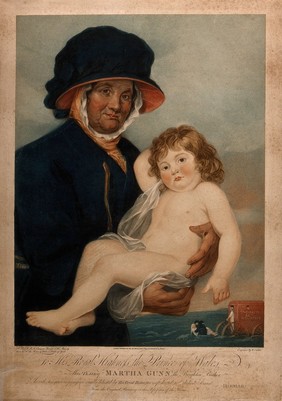 Martha Gunn, a Brighton bather holding a small child that she has just saved from drowning. Coloured engraving by W. Nutter, 1797, after J. Russell.