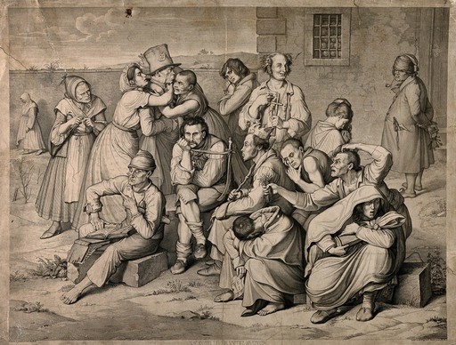 Mentally ill patients in the garden of an asylum, a warden lurks in the background. Engraving by K.H. Merz under the direction of S. Amsler, c. 1834, after W. Kaulbach.