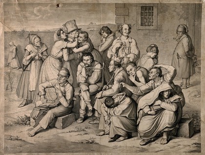 Mentally ill people in the garden of an asylum, a warden lurks in the background. Engraving by K.H. Merz under the direction of S. Amsler, c. 1834, after W. Kaulbach.