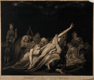 view Death looms above a group of people inflicted with various physical and mental diseases - a lazar house. Stipple engraving by M. Haughton, 1813, after H. Fuseli.