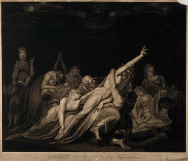 Death looms above a group of people inflicted with various physical and mental diseases - a lazar house. Stipple engraving by M. Haughton, 1813, after H. Fuseli.