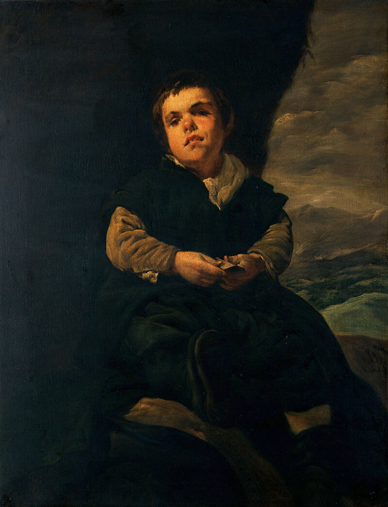 The dwarf Francisco Lezcano, "El Niño de Vallecas". Oil painting by M. Pineda Montón after Diego Velazquez de Silva., by Diego Velázquez