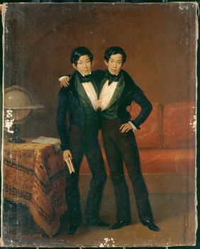 Chang and Eng Bunker. Oil painting by Edouard-Henri-Théophile Pingret, 1836.