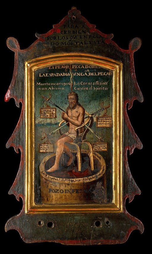 The mirror of sinners, the sword of vengeance of sin. Oil painting by a Spanish painter.