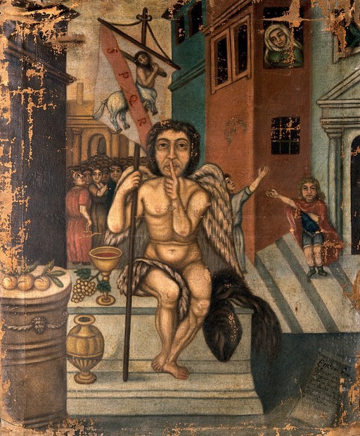 The child Papirius saluting Harpocrates as god of silence. Oil painting by a Spanish painter.