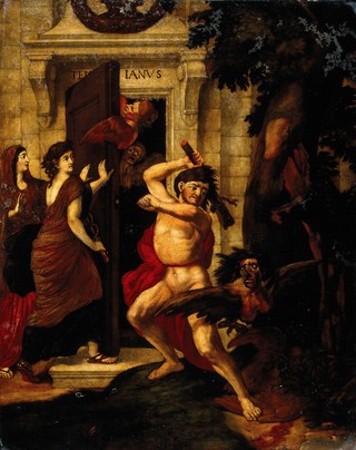 Harpies try to keep open the doors of the temple of Janus, but they are clubbed by Hercules. Coloured mezzotint by A. Blooteling after G. de Lairesse.
