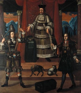 Personifications of medicine, pharmacy and surgery. Oil painting after (?) Nicolas de Larmessin II.