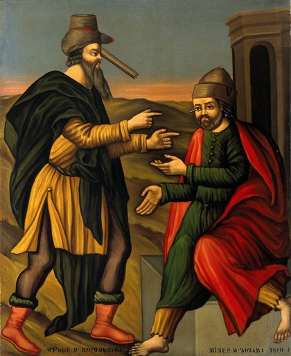 The parable of the mote and the beam. Oil painting by Minus (Minas) M. Zorab, 1880.