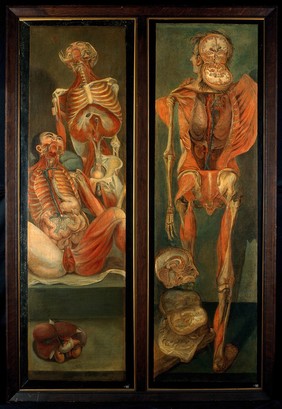 Two dissected men, one seated, the other standing behind, with a separate section of viscera. Oil painting by Jacques-Fabien Gautier D'Agoty, 1764/1765.