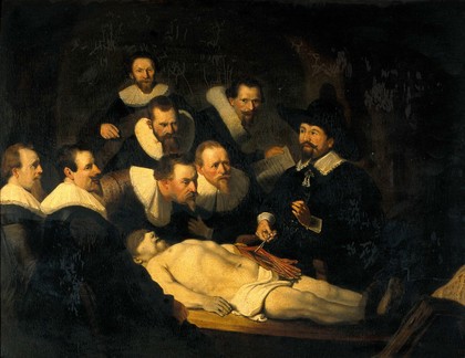 The anatomy of Dr Nicolaes Tulp. Oil painting after Rembrandt van Rijn.