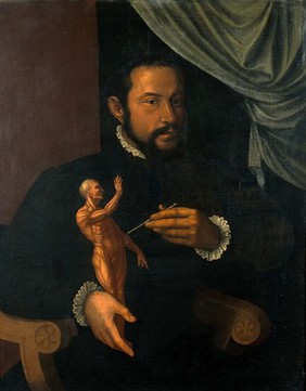 A man holding an écorché statuette. Oil painting.